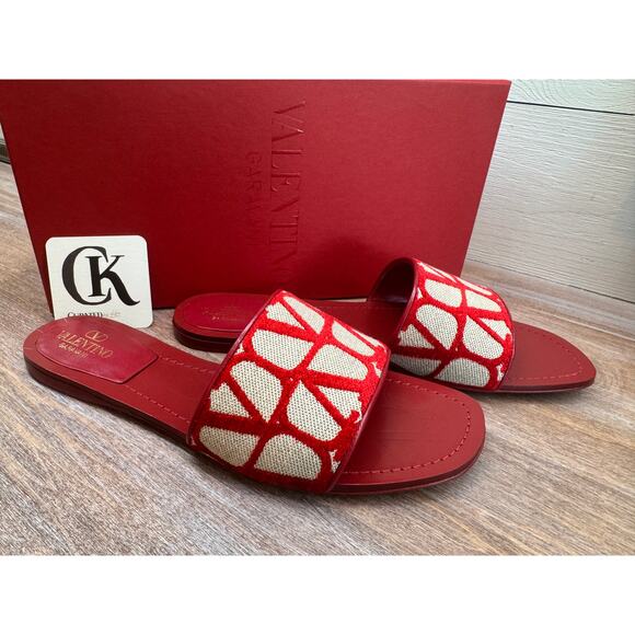 Valentino Garavani Red Ivory Jacquard Slides | Size 40.5 | NIB - Picture 1 of 3